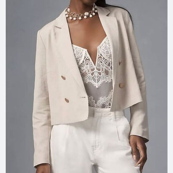 Anthropologie Dolan Beige Linen Blend Cropped Blazer NWT Size Extra Extra Small - Picture 2 of 9
